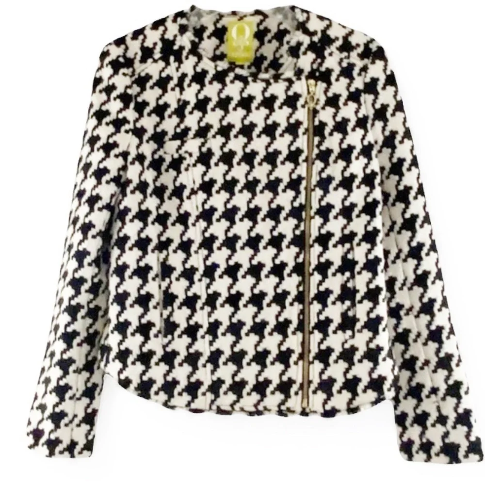 Q Mack Herringbone Blazer Black & White Jacket Asymmetrical Gold Zip Size M - Picture 5 of 14